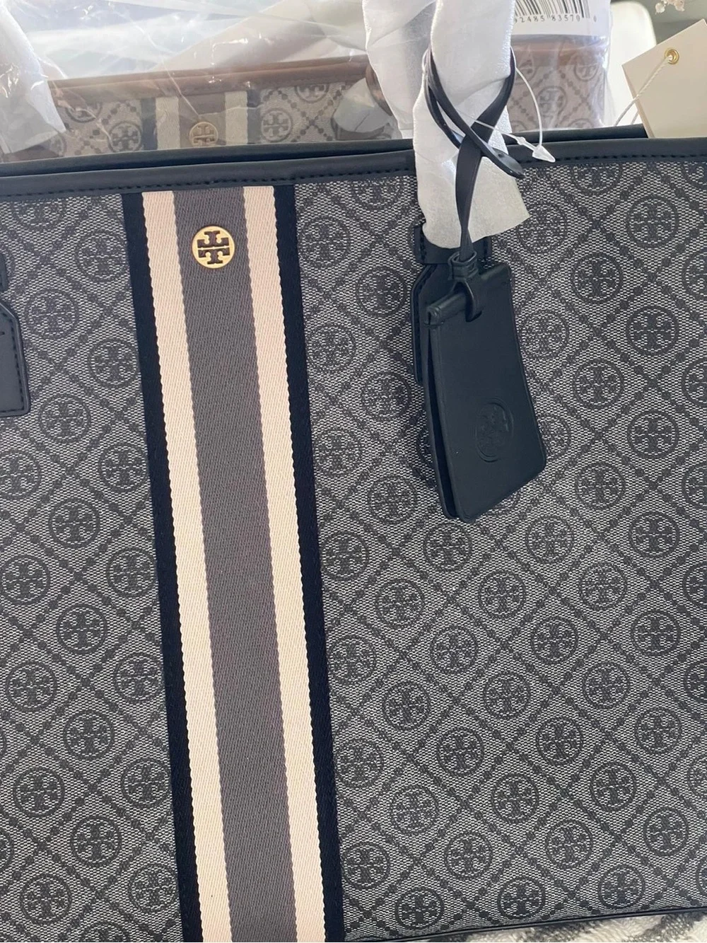 Tory Burch Gray Logo Stripe Tote with Navy & Cream Center Stripe
